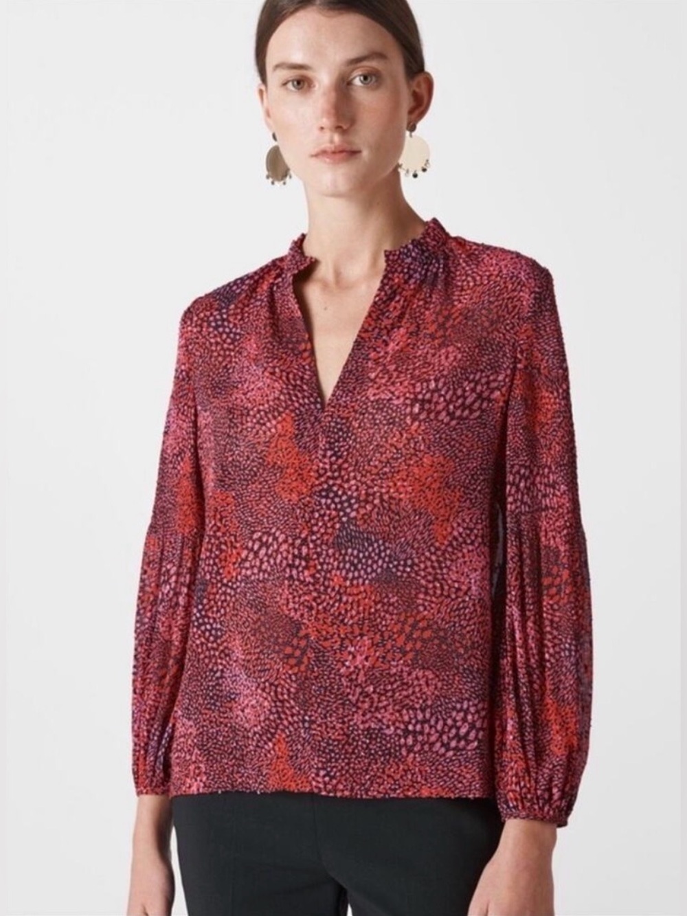 Whistles UK Red and Pink Printed V-Neck Blouse US Size 6